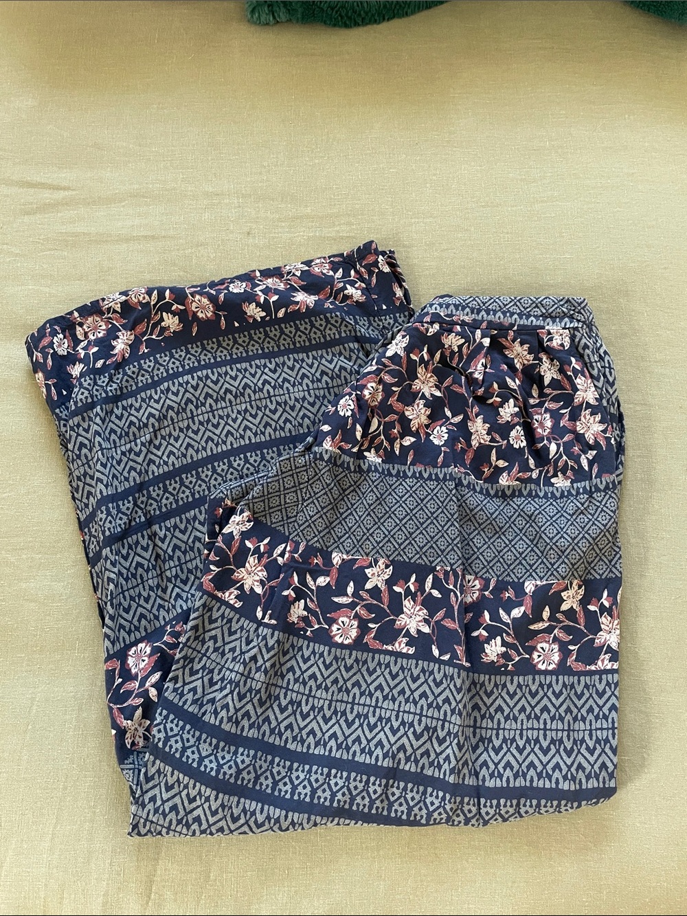 Ecote Navy Floral Print wide leg pants with Rust and Cream Accents